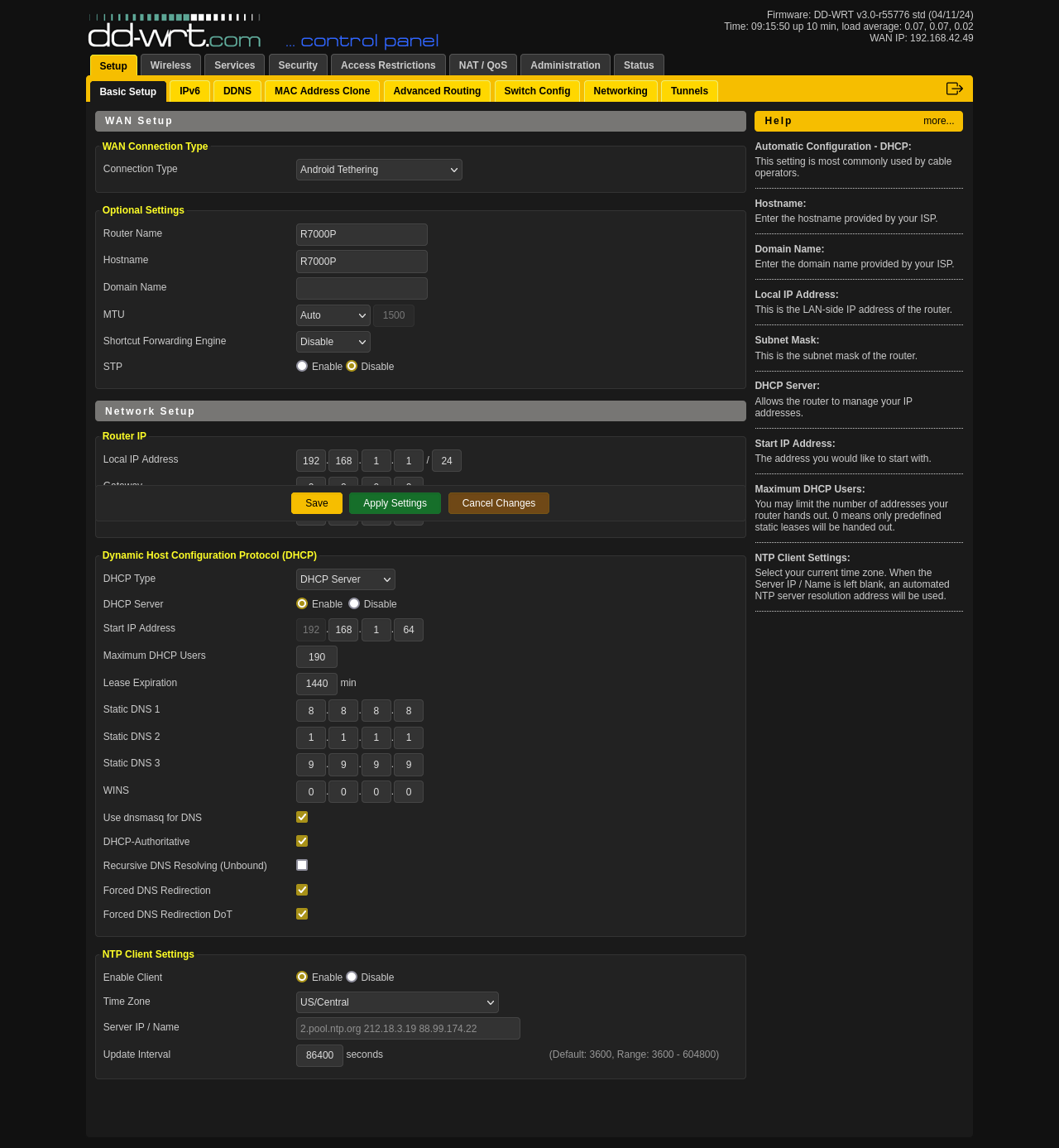DD-WRT user interface showing android tethering option
